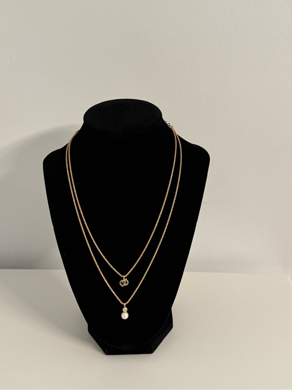 Authentic Vintage Christian Dior Double Layer Logo & Pearl Pendant Necklace Gold